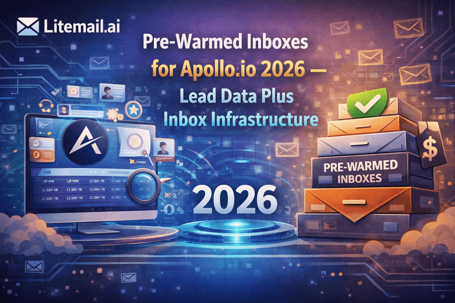 Apollo.io lead data dashboard alongside stacked pre-warmed inboxes, highlighting inbox infrastructure and email outreach scaling in 2026.