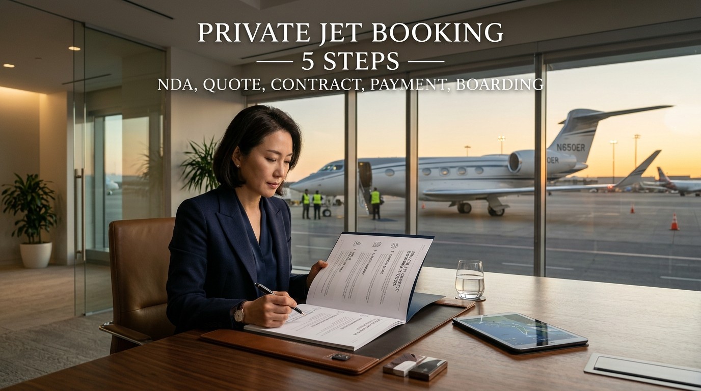 Private jet charter booking process guide — NDA, quote, contract, payment, VIP escort: complete 5-step framework 2026 ACK