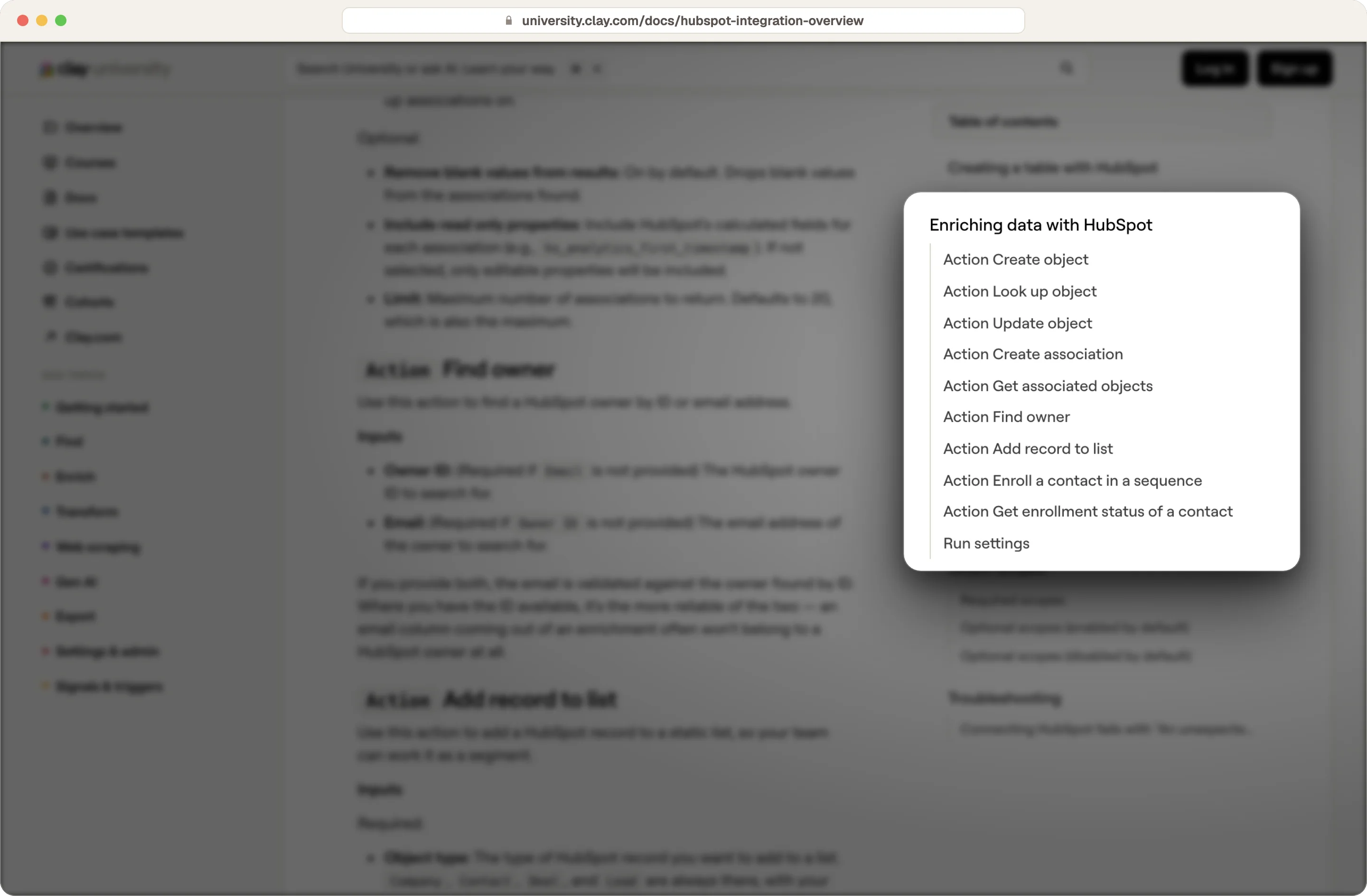 Clay documentation listing its HubSpot actions, from Create object and Update object to sequence enrollment