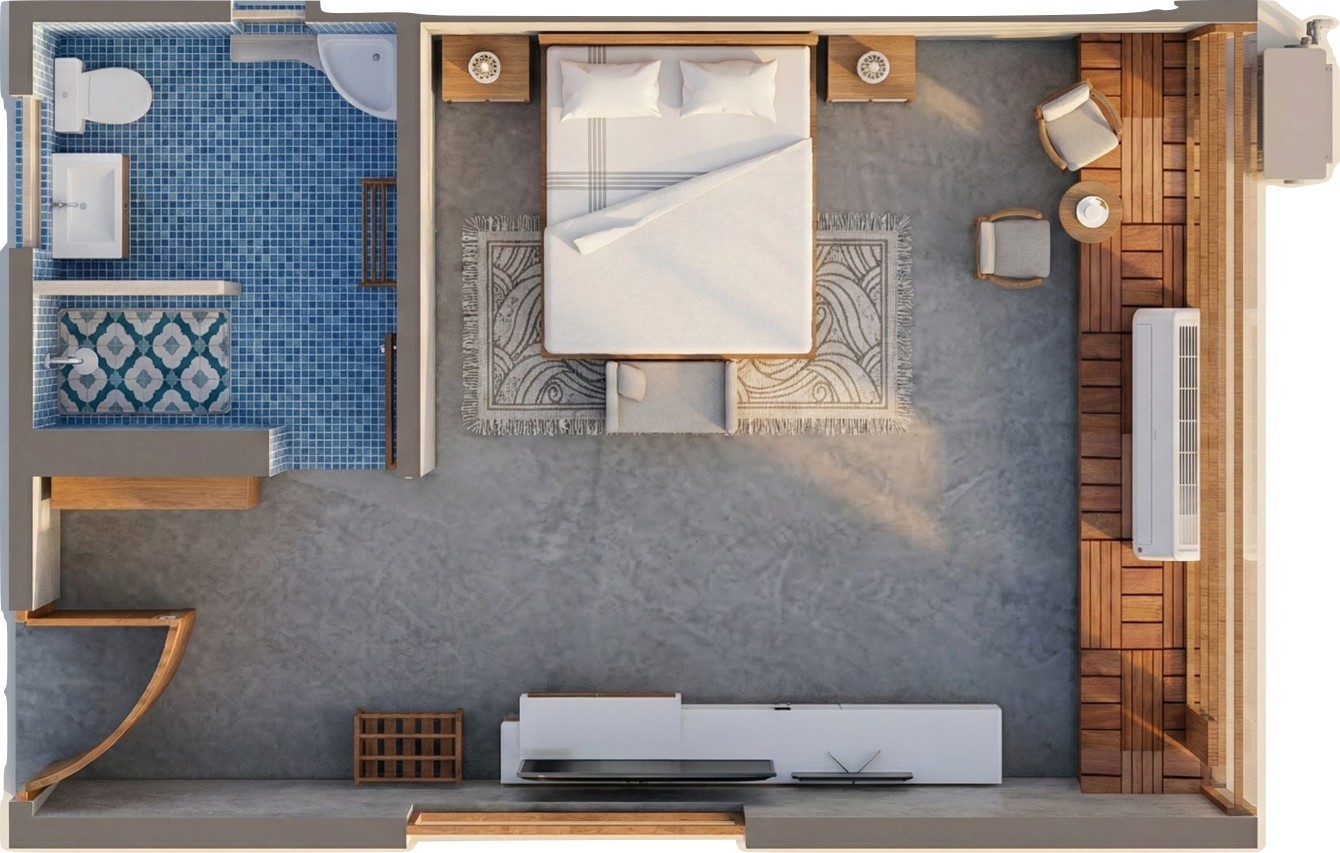 overhead view o the room layout by the mountain