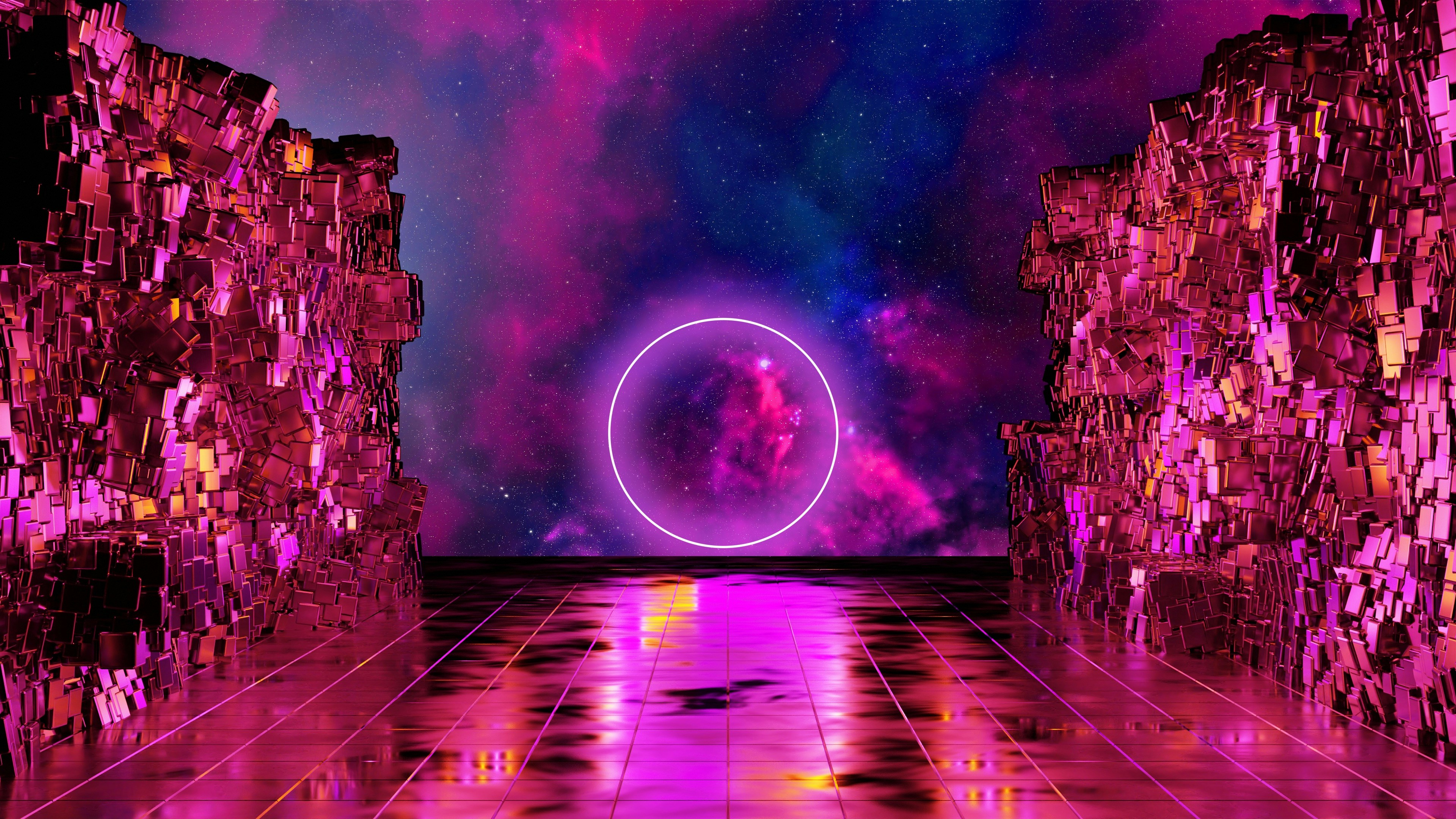 a room filled with lots of purple and pink tiles