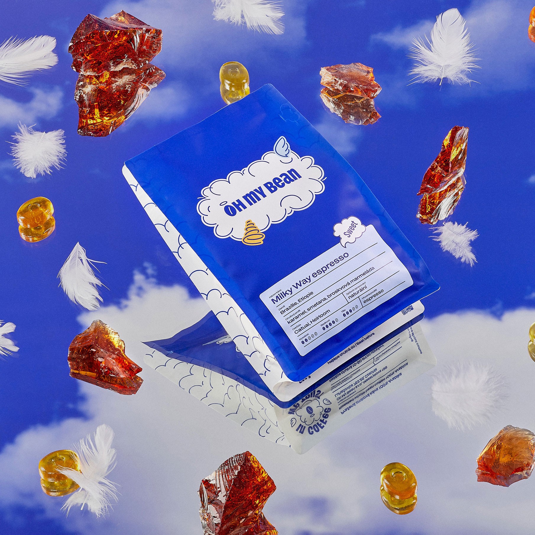 Oh My Bean Milky Way espresso packaging with amber rock candy elements