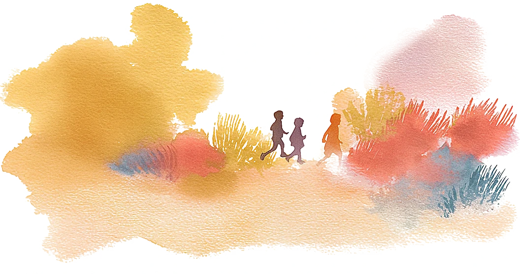 Watercolor illustration of three children walking together through a colorful landscape