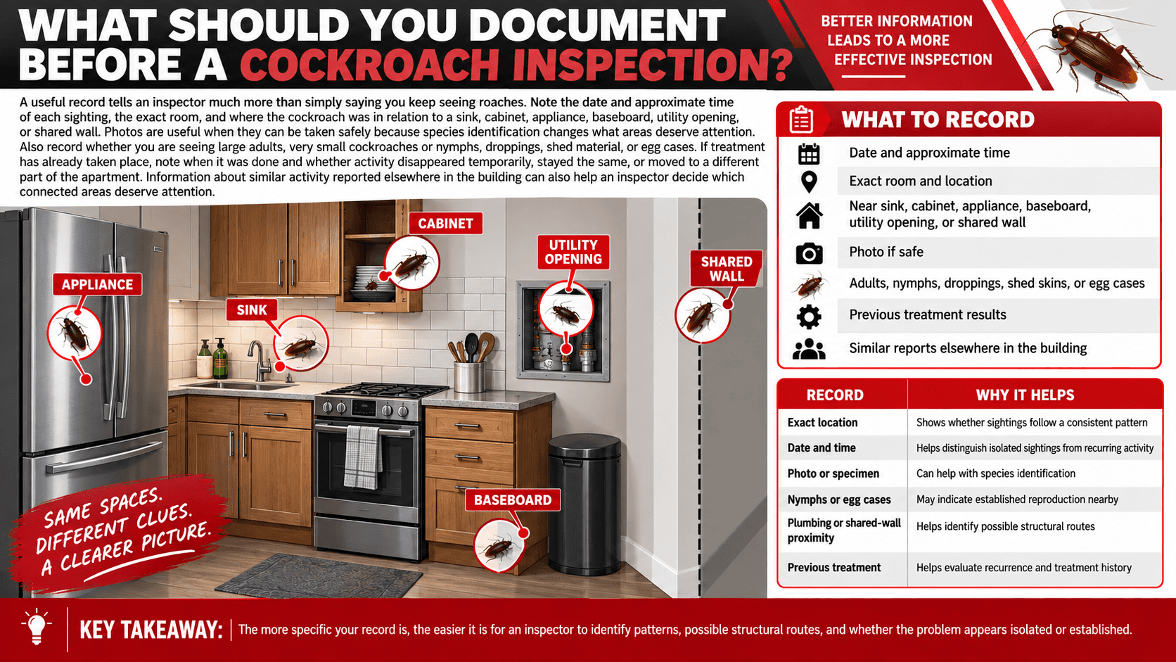What should you document before a cockroach inspection?