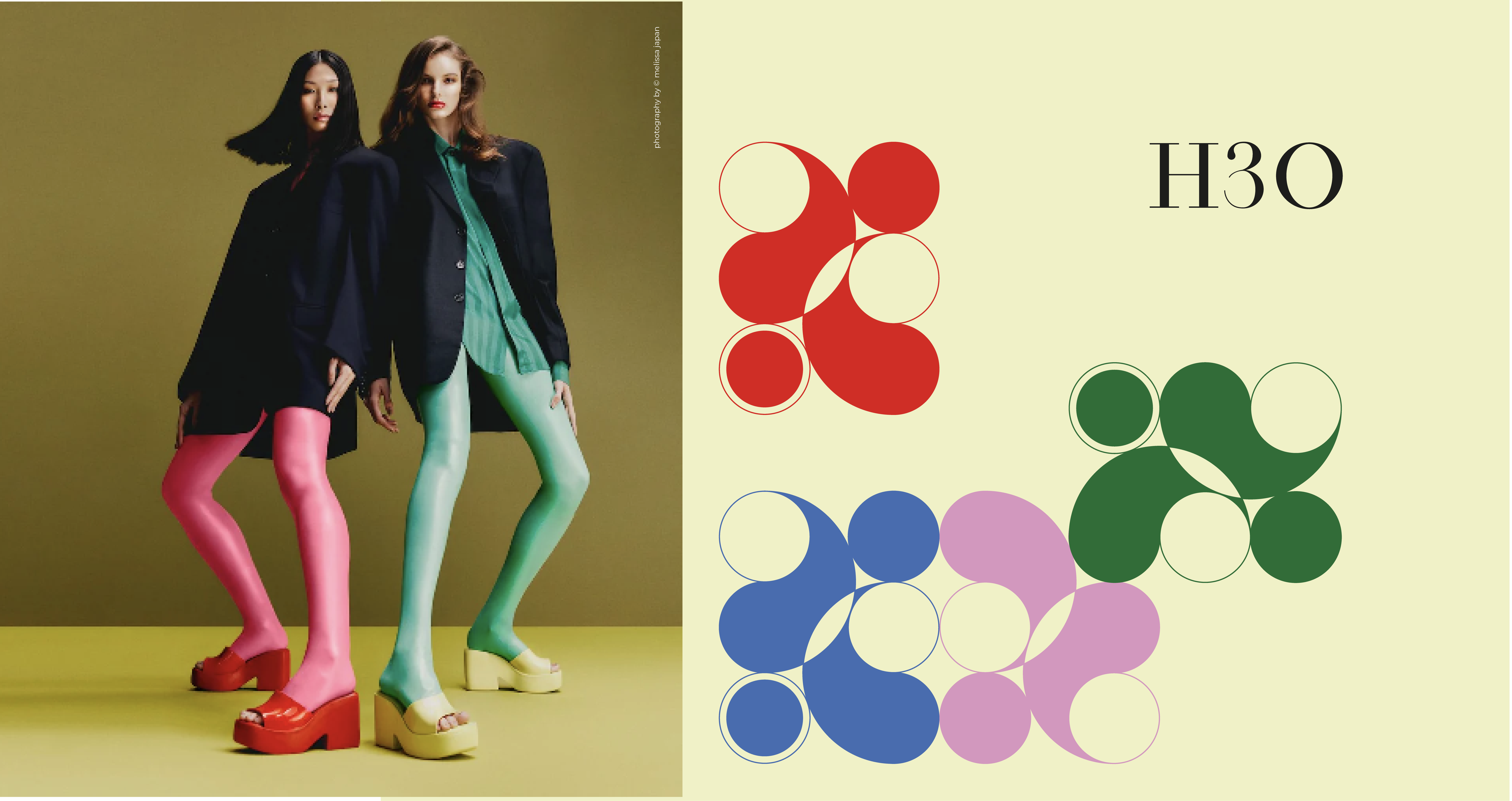 Two fashion models posing in colorful outfits next to a large pink circular H3O logo shape.