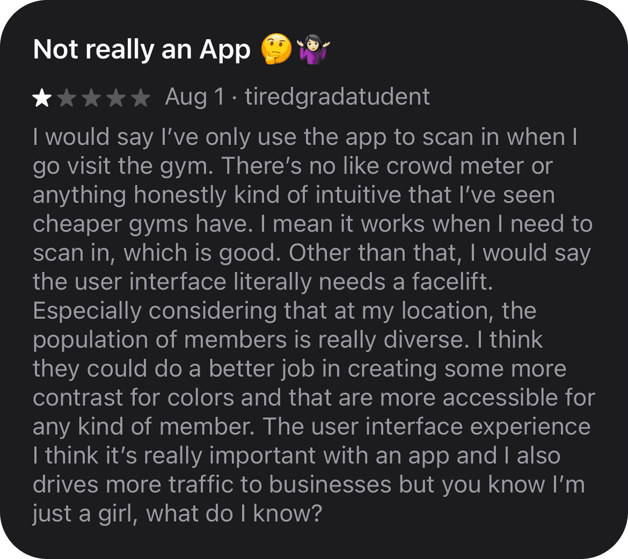 LA Fitness app review from the App Store highlighting critical user feedback