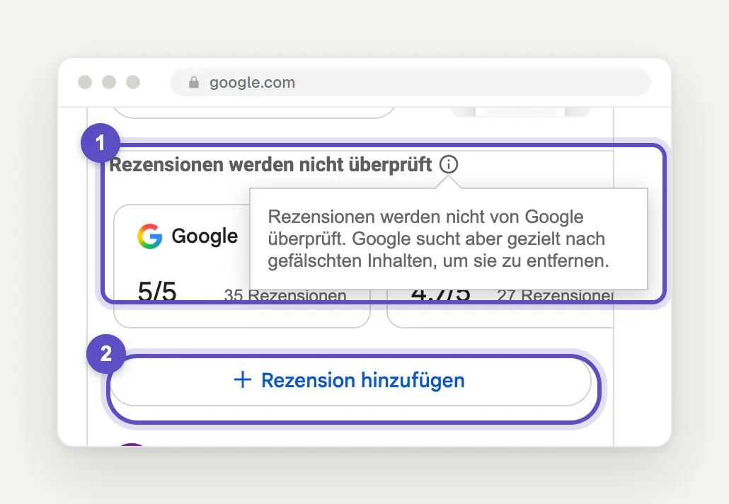 Unternehmensprofil in der Google-Suche mit dem Hinweis Rezensionen werden nicht überprüft samt Tooltip, darunter die Quellen Google mit 5/5 und Trustpilot mit 4,7/5 sowie die Schaltfläche Rezension hinzufügen.