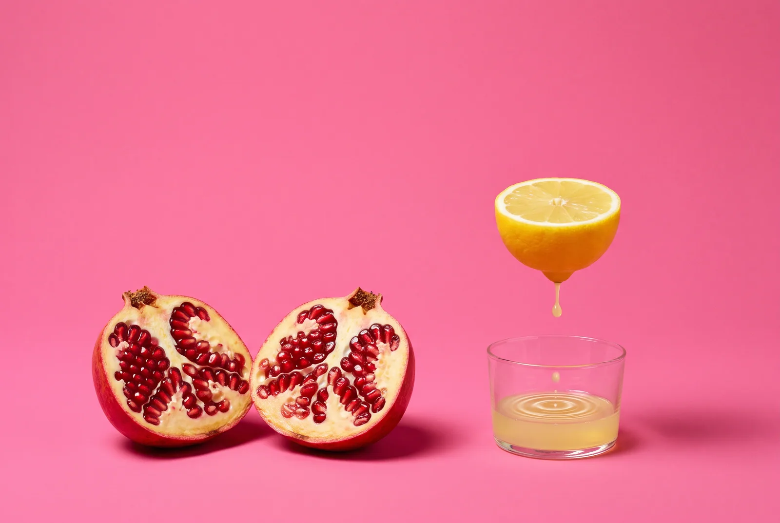 Pomegranate split open to show all its seeds at once next to a lemon dripping juice drop by drop, comparing full disclosure with trickle truth when confessing porn addiction to a spouse