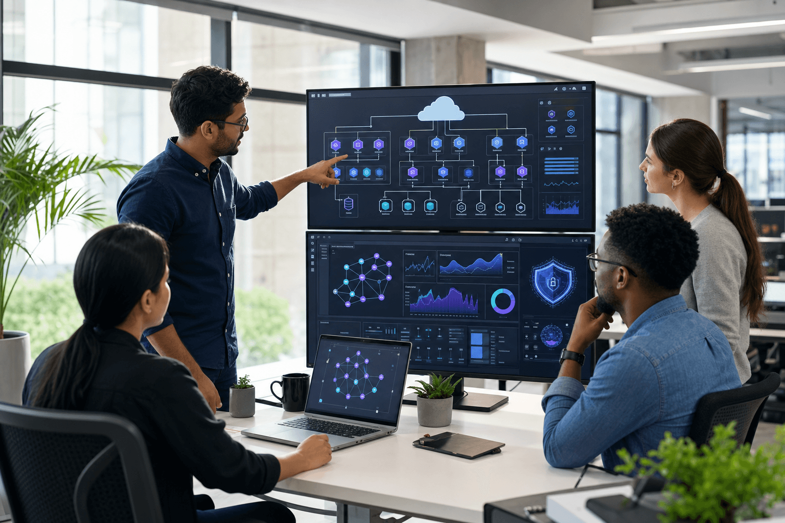 Modern IT engineers collaborating on strategic infrastructure work in a bright office environment, viewing system architecture diagrams on large monitors, professional technology workspace with security dashboards and cloud infrastructure visualizations, focused team members discussing technical solutions, clean contemporary office setting with natural lighting