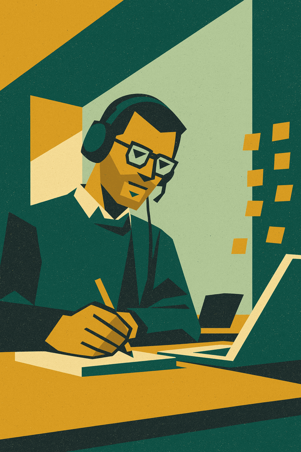 Uomo con cuffie prende appunti mentre segue una lezione online al computer portatile.