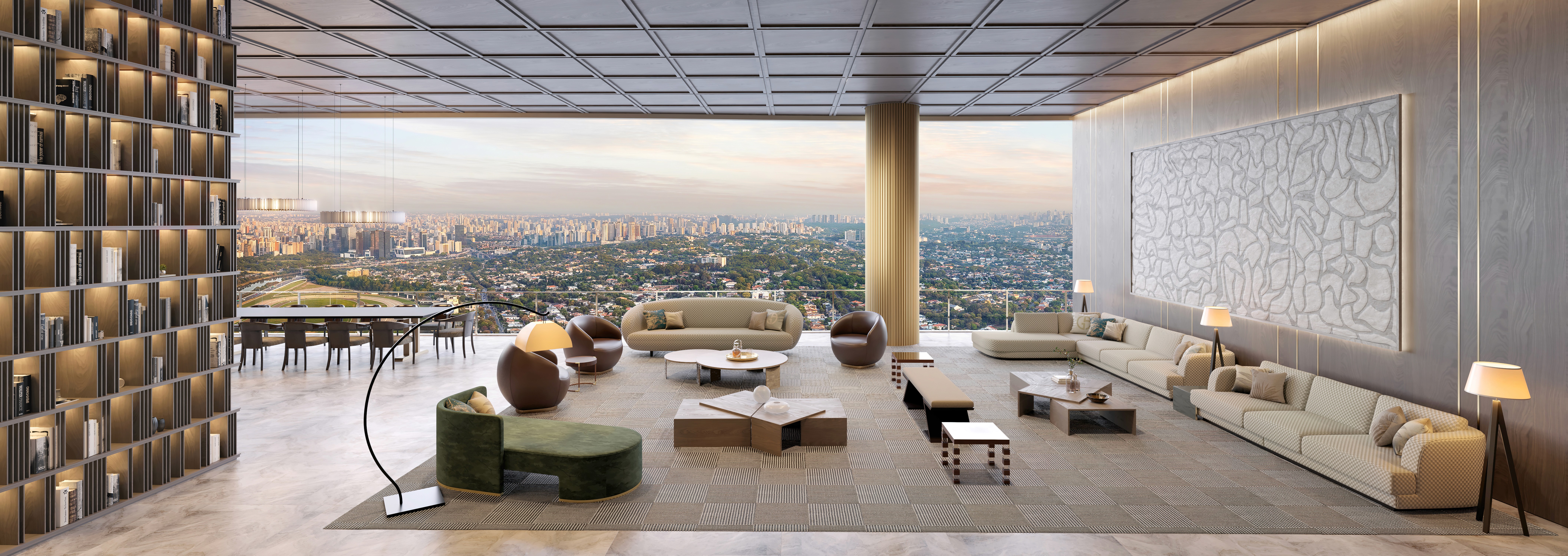 Curved modern skyscraper against a clear blue sky.