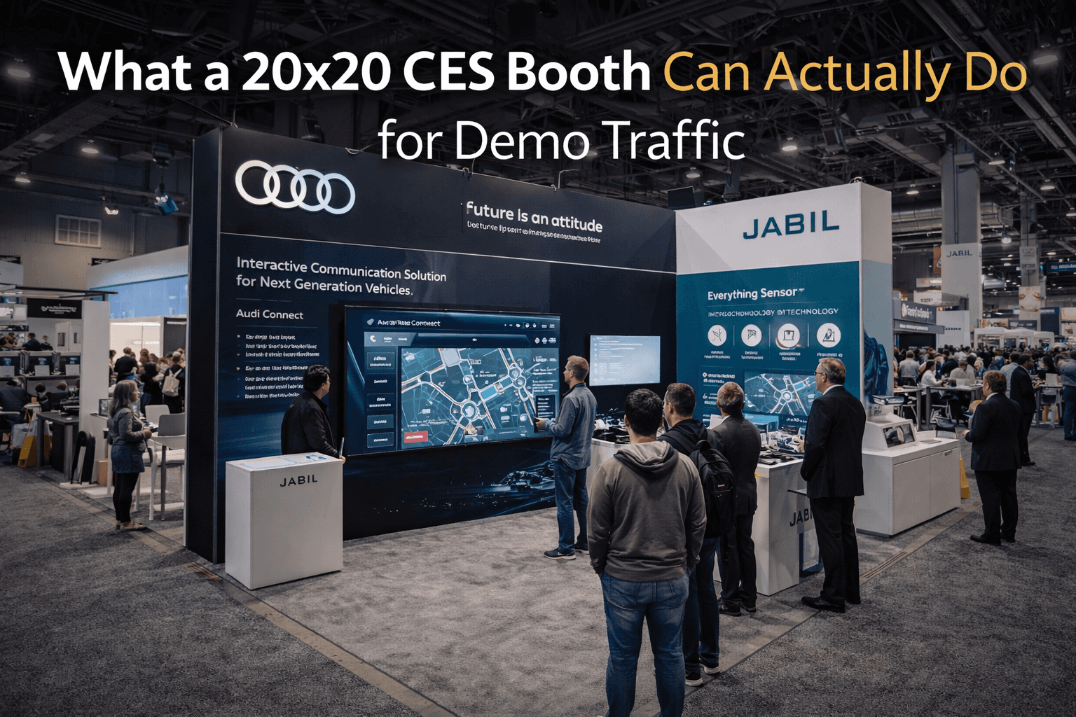 20x20 CES booth in Las Vegas with an open entry path, live demo area, and visitor traffic flow around a technology presentation