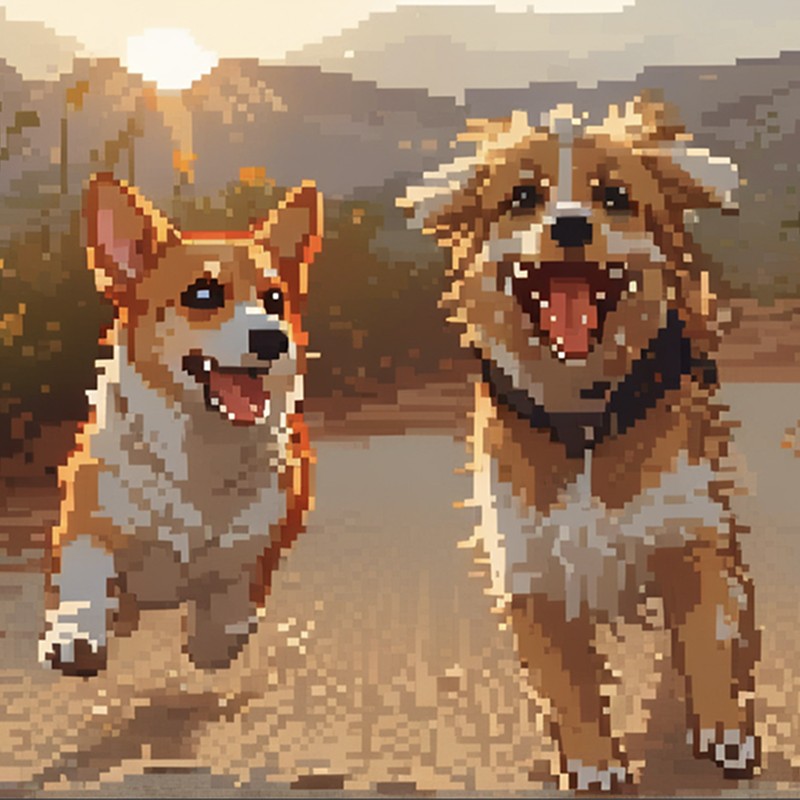 A pixel art image of two happy corgi dogs running joyfully on a path during sunset, with their ears perked up and tongues out.