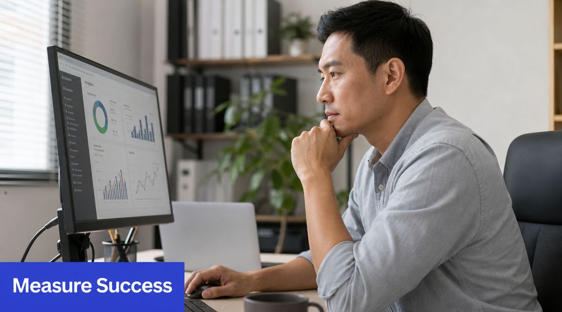 An Asian businessman sitting at his desk, analyzing data analytics charts on his computer monitor.