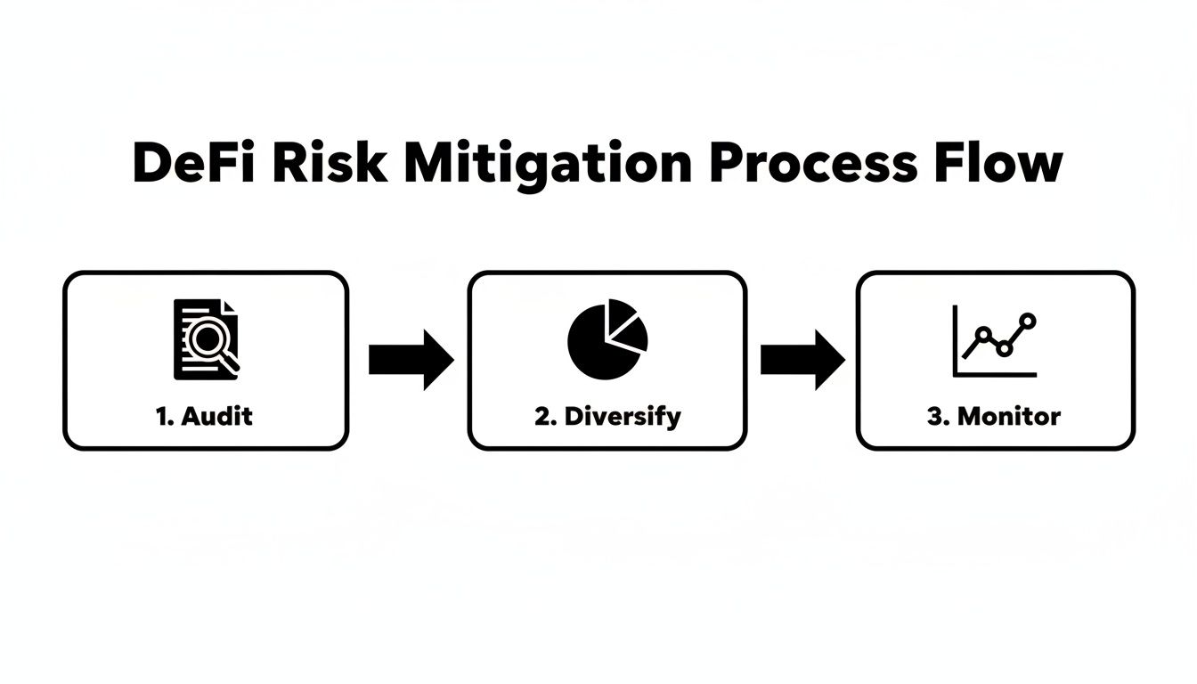 A diagram illustrating the DeFi Risk Mitigation Process Flow, outlining steps for audit, diversify, and monitor.