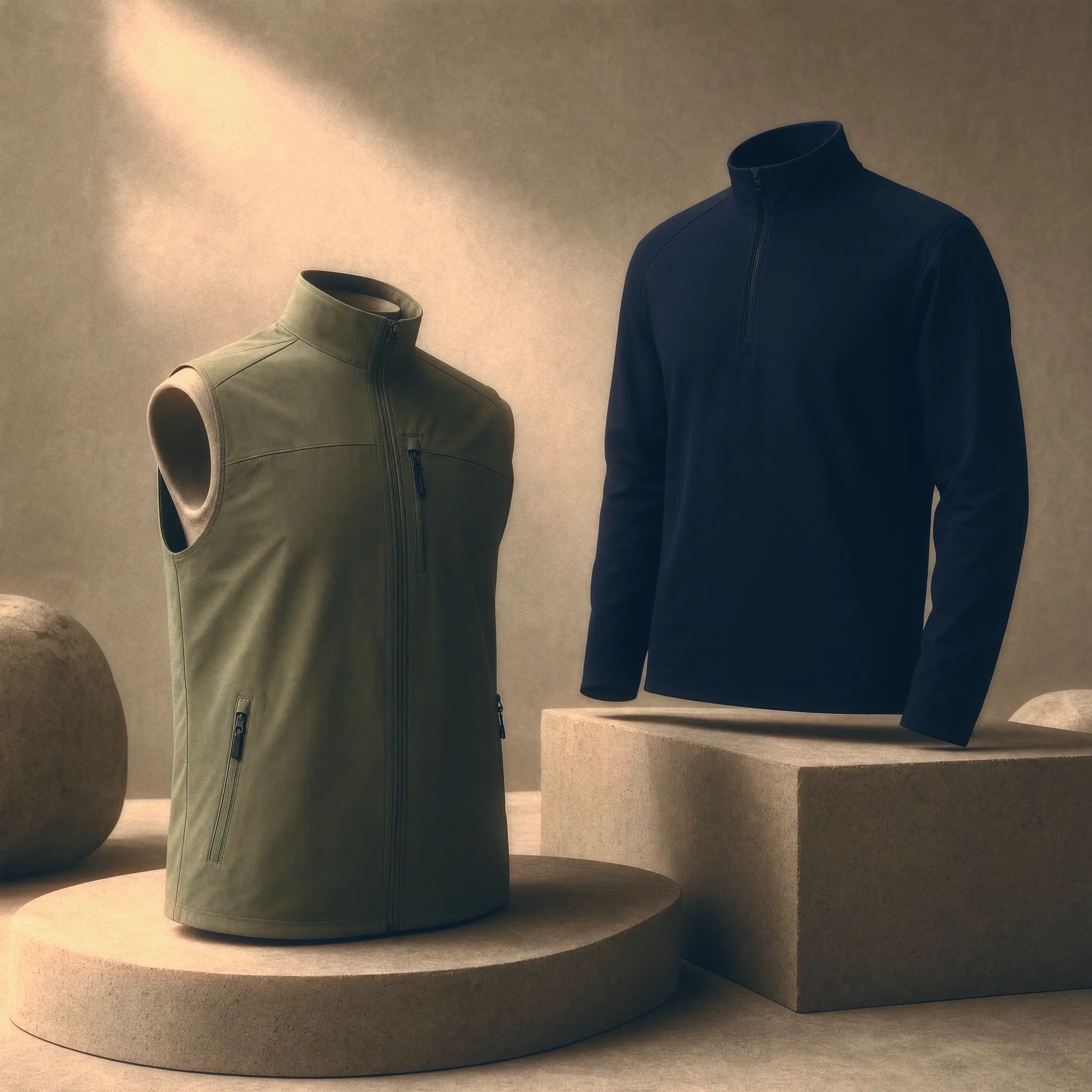 Olive performance vest and navy quarter-zip displayed as premium corporate apparel options.