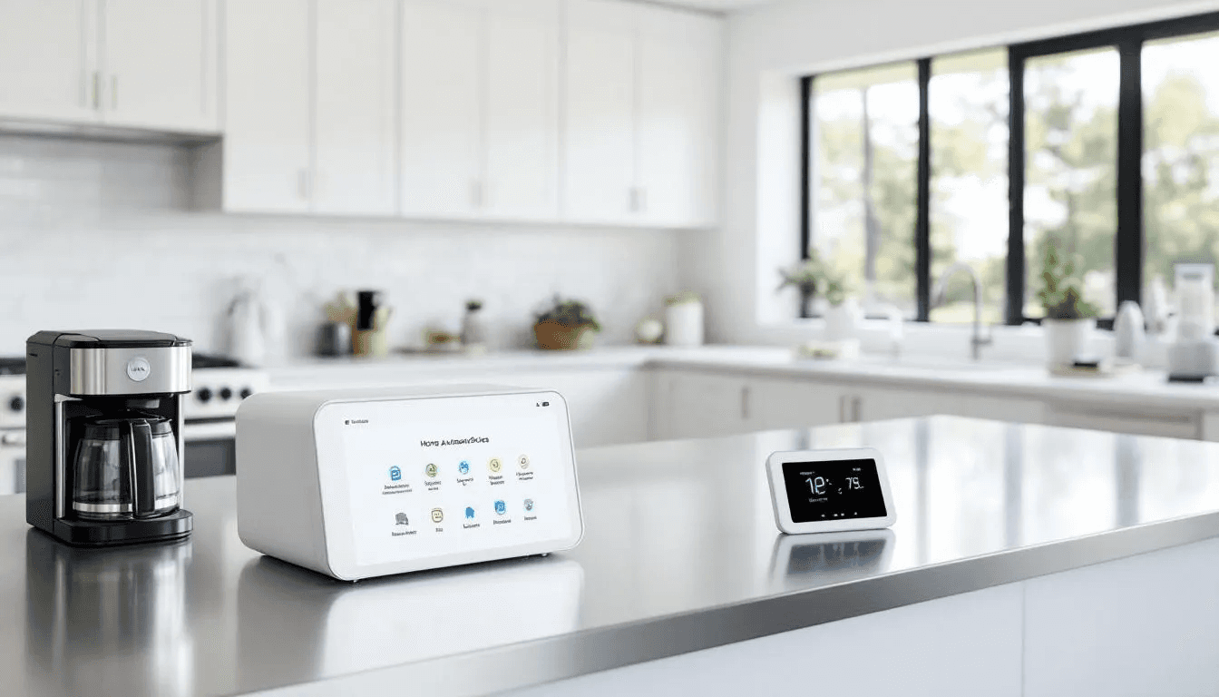 A smart home control hub is prominently displayed on a sleek modern kitchen counter, showcasing various connected devices such as smart speakers, smart lights, and smart thermostats. This setup exemplifies the integration of smart home technology, allowing for seamless control of household smart devices through voice commands and mobile devices.