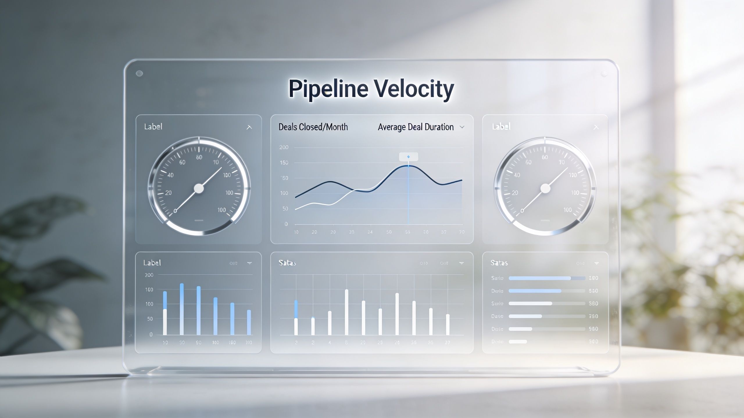A digital dashboard floating on a glass panel showing pipeline velocity, sales metrics, and performance charts.
