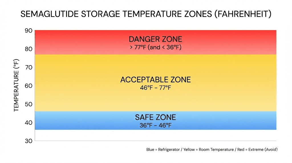 Semaglutide storage temperature zones chart showing safe, acceptable, and danger ranges