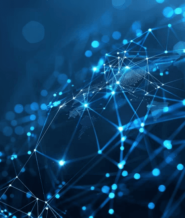 Abstract visual of interconnected nodes and lines forming a glowing globe, representing data, technology, and digital networks on a dark blue background.