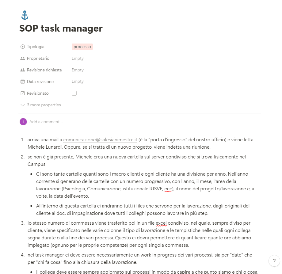 Mappatura iniziale del processo principale