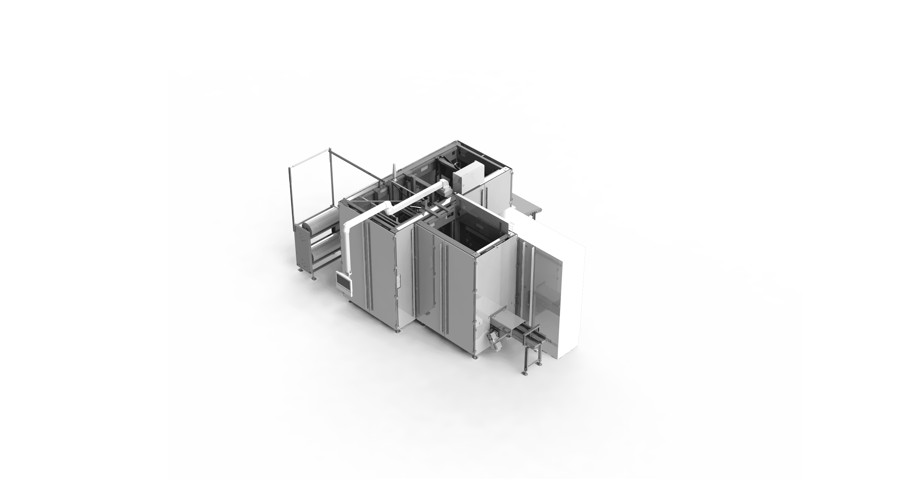 Industrial packaging machine, automatic filling system, white machine on a black background