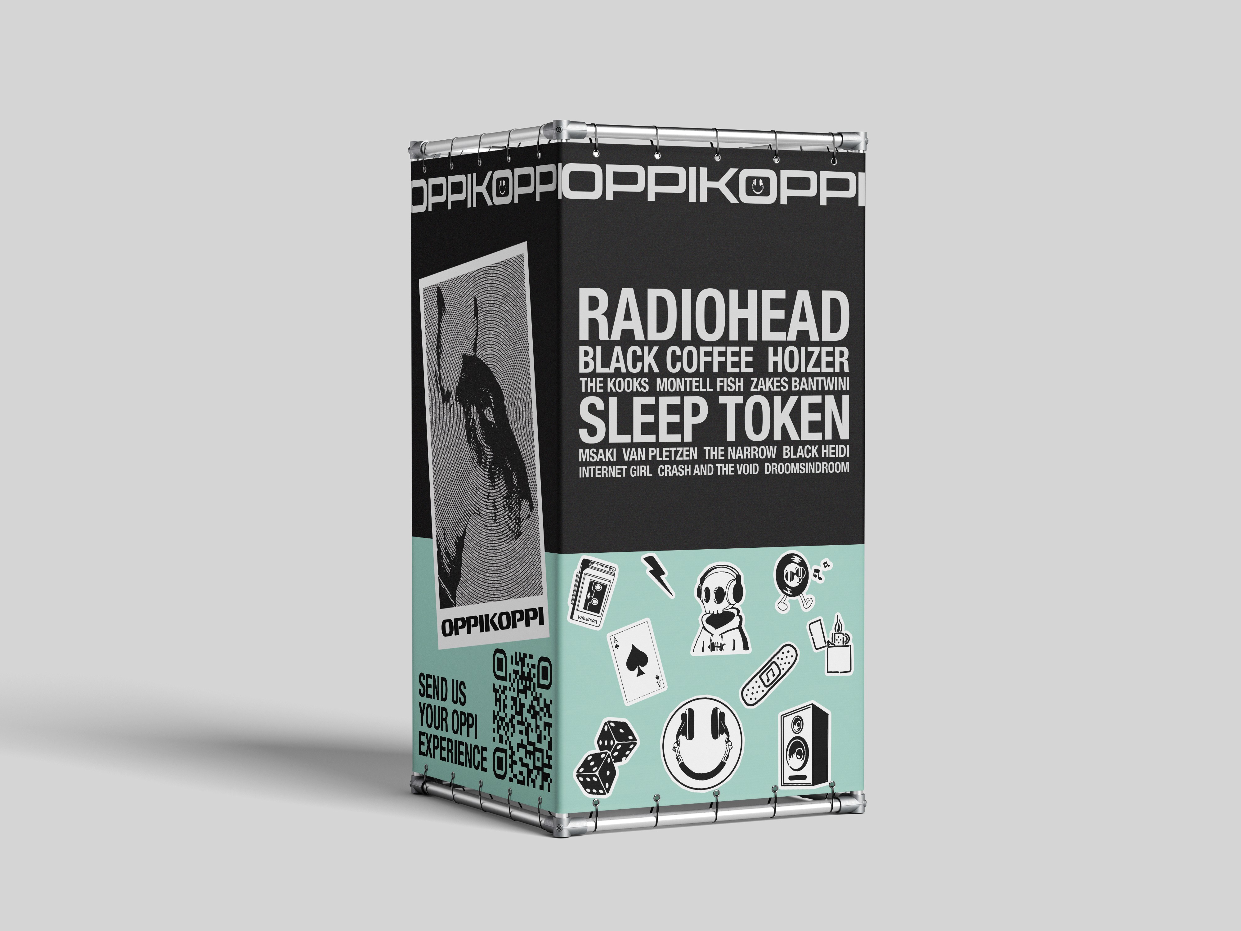 Bespoke music festival merchandise packaging box mockup, displaying heavy kinetic typography, custom sticker art illustrations, and a clean layout design for event corporate sponsors.