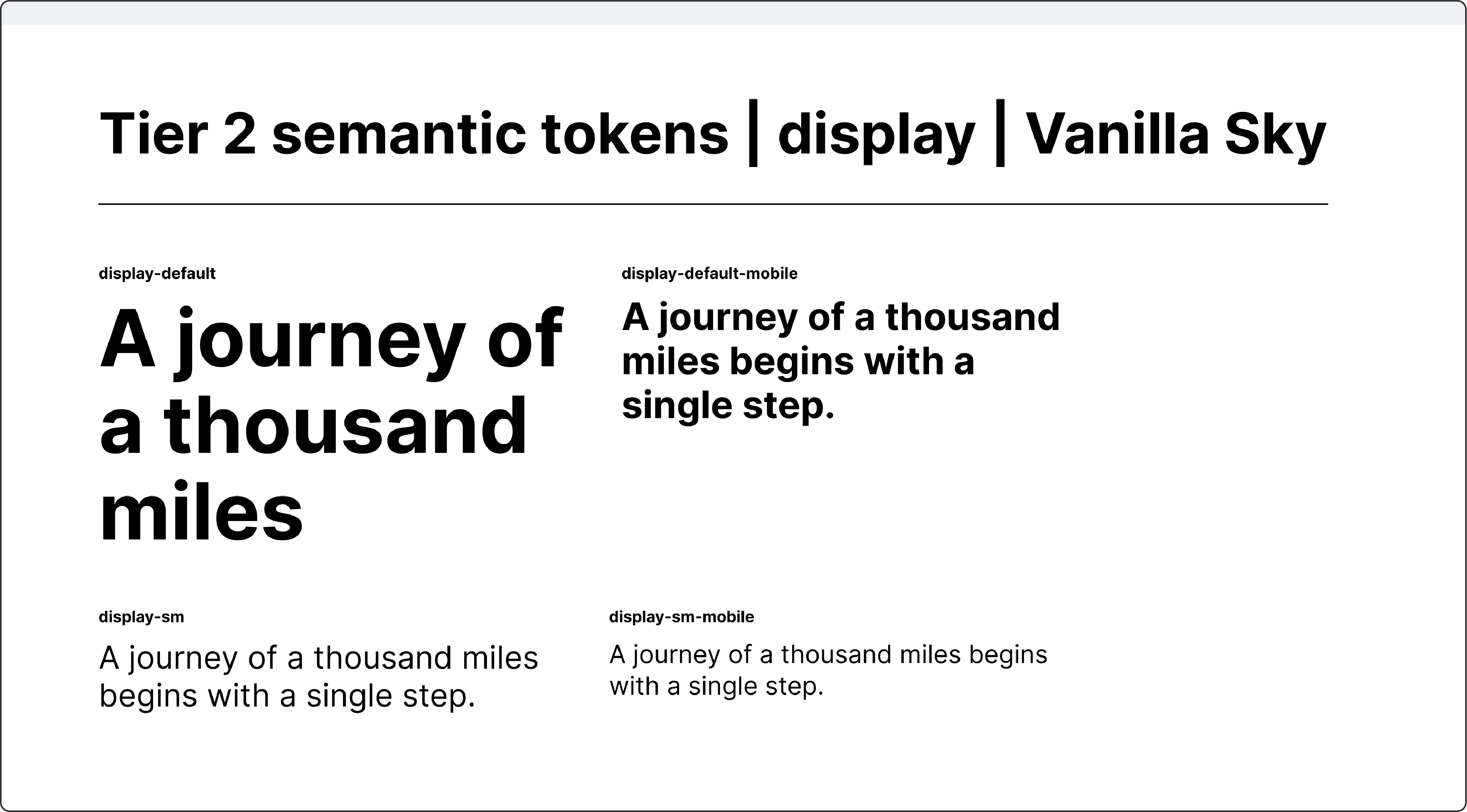 Design token system documentation showing four responsive display typography tokens using the quote 'A journey of a thousand miles begins with a single step' for the Vanilla Sky theme.