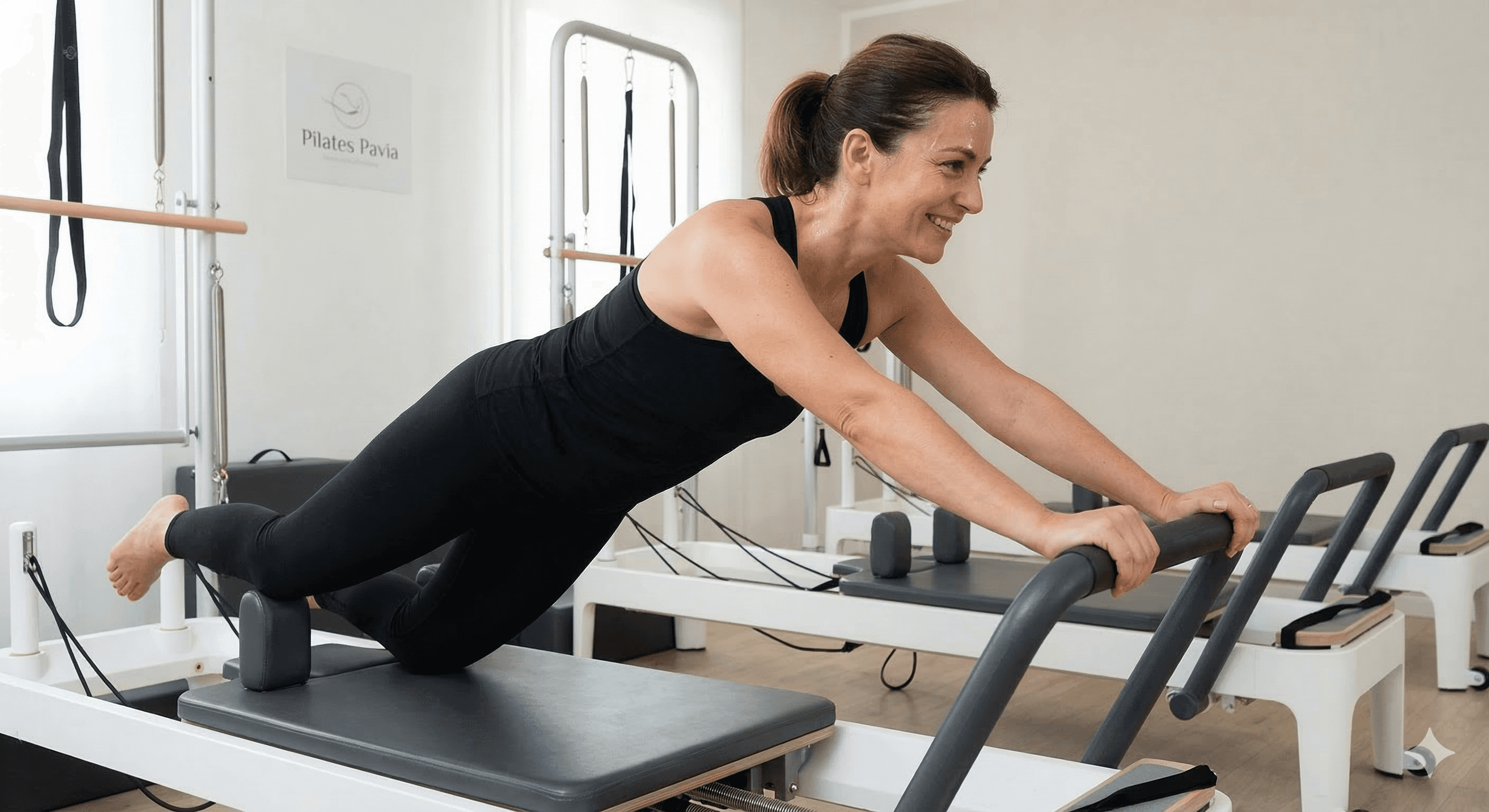 Allieva che si allena con costanza e concentrazione sul Reformer presso Studio Pilates Pavia, focalizzata sulla qualità del movimento.