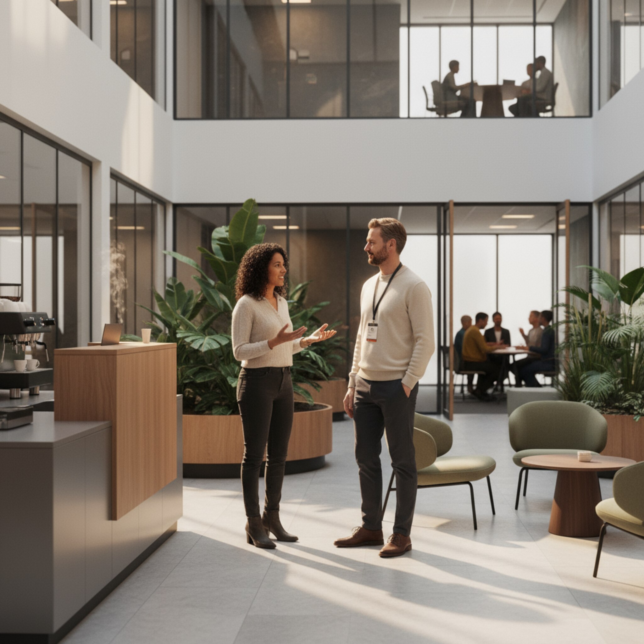 Ein helles Business Center Atrium mit hohen Glaswänden, in dem morgens weiches Licht auf polierten Steinboden fällt. Eine Community-Managerin begrüßt freundlich einen Mieter mit Besucherausweis, während Pflanzeninseln Ruhe schaffen. Im Hintergrund öffnen sich Türen zu Meetingräumen, leise Gespräche mischen sich mit Kaffeeduft. Die Atmosphäre wirkt professionell und einladend.
