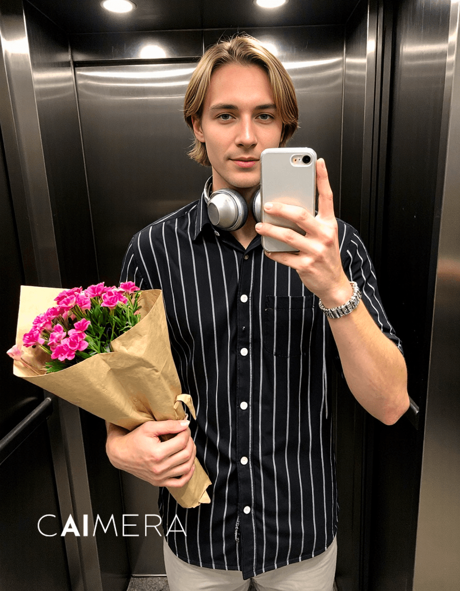 Stylish elevator mirror selfie featuring a striped shirt, silver headphones, and a bouquet of pink flowers, demonstrating authentic fashion content