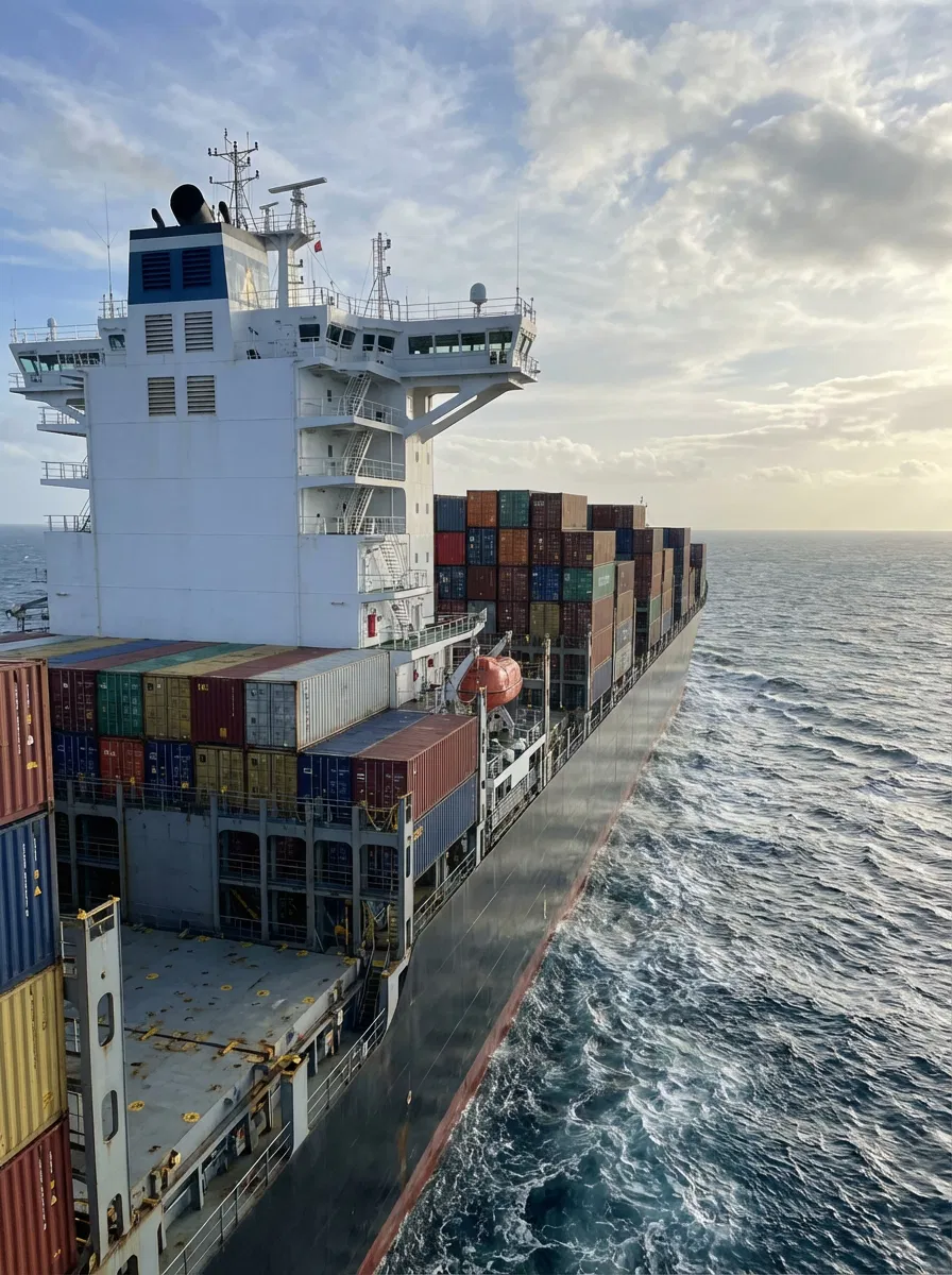 Modern large commercial ship at sea.