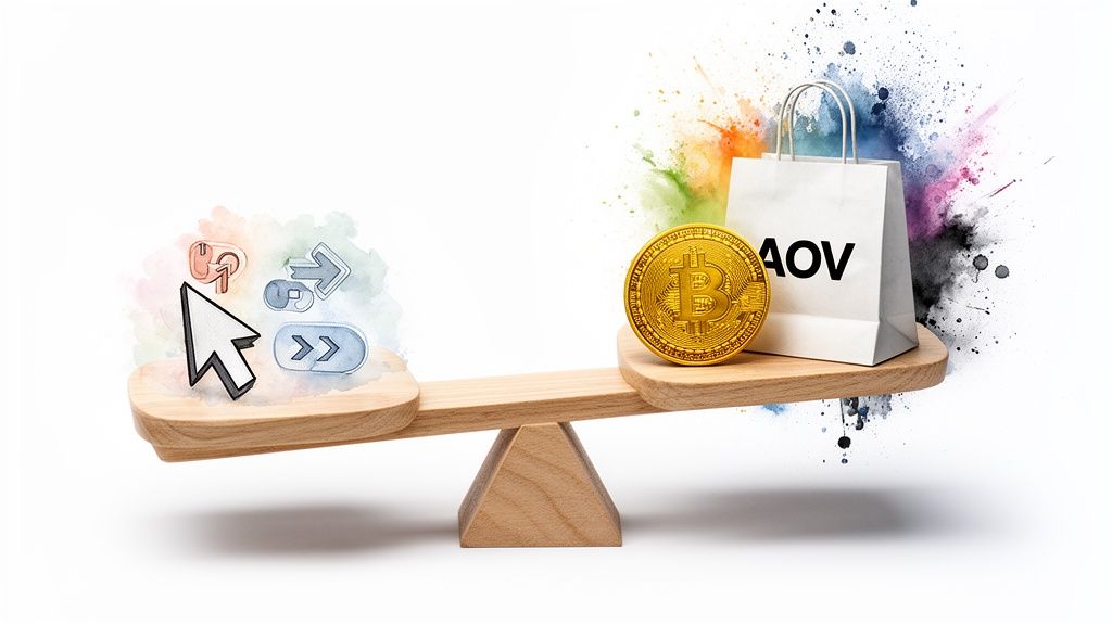 Digital clicks and user actions balanced against Bitcoin and Average Order Value (AOV) on a scale.