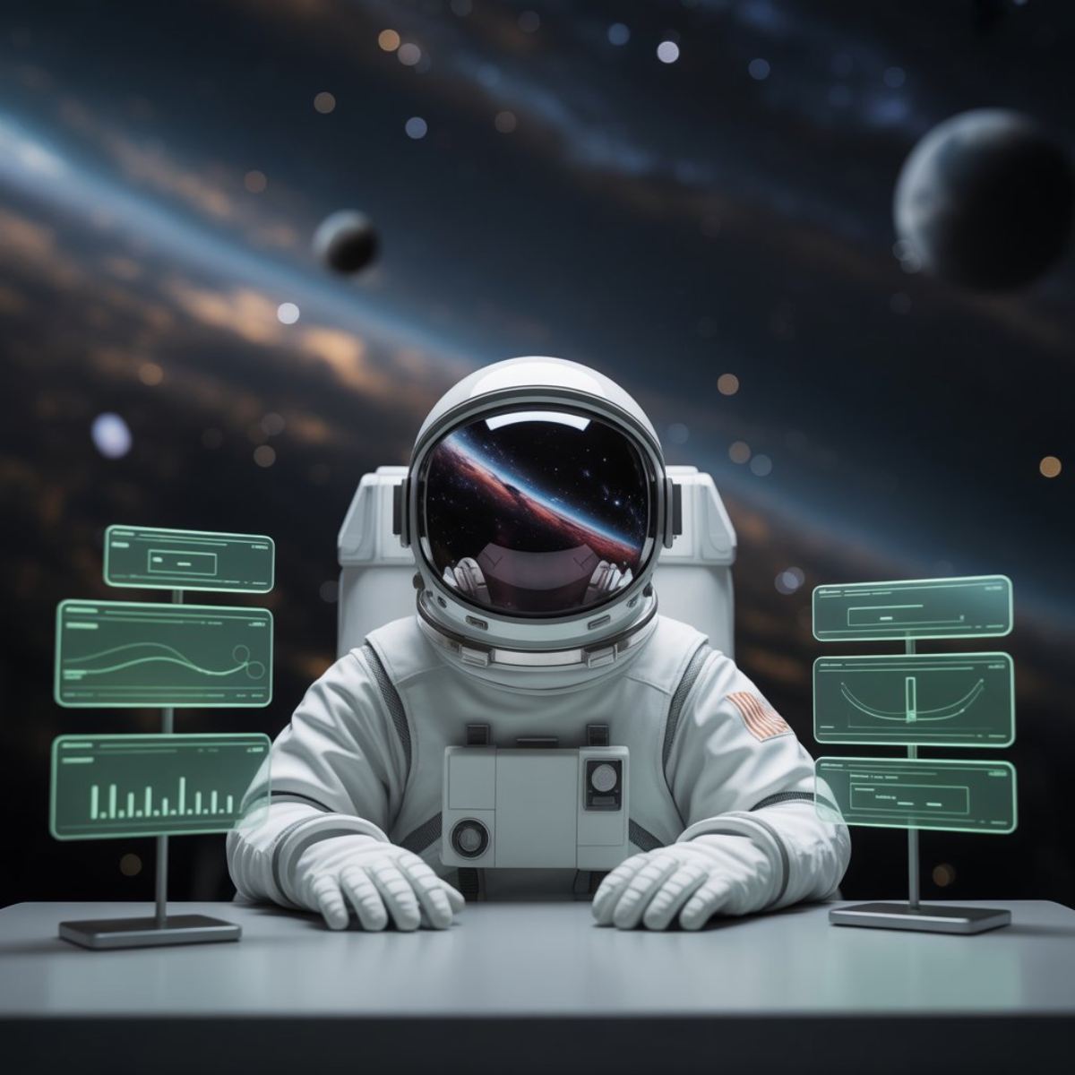 futuristic astronaught sitting at a table with dashboards screens
