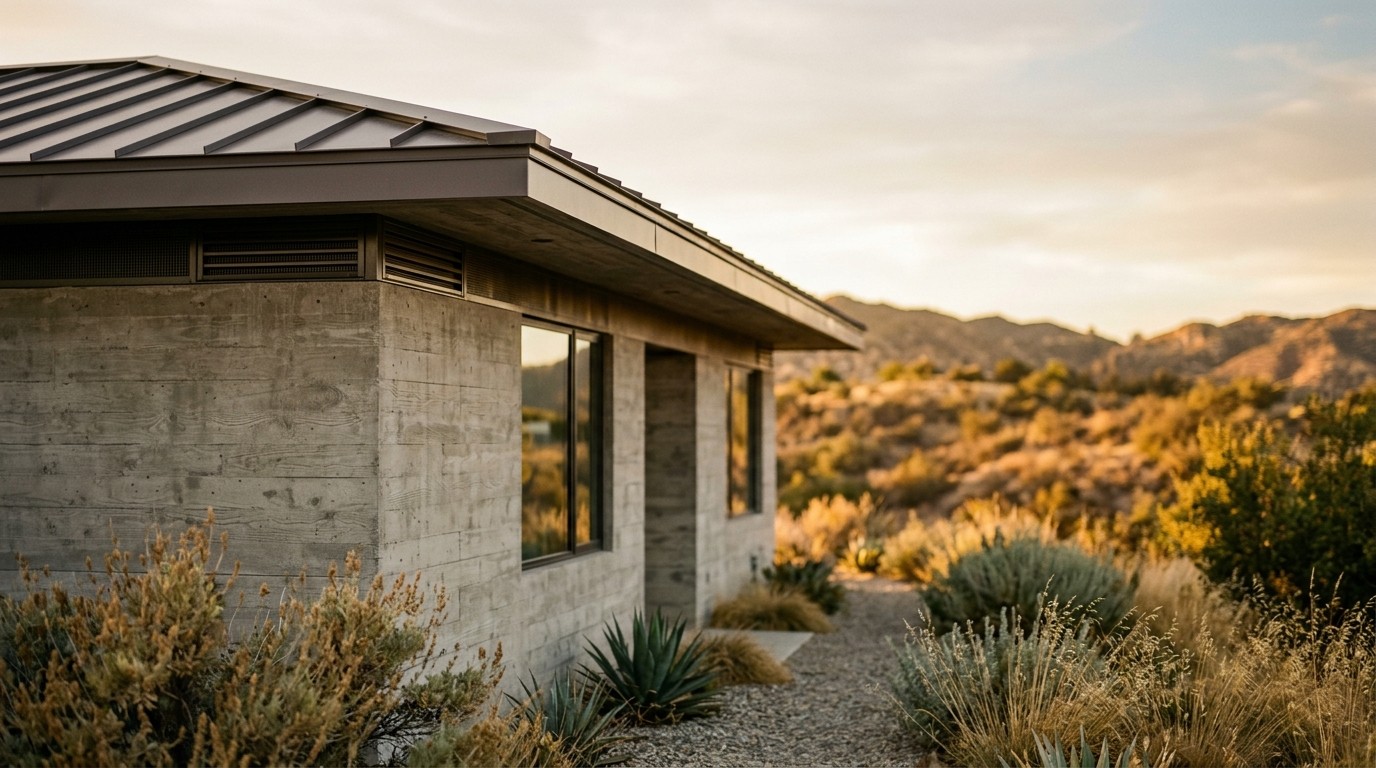 concrete bungalow chaparral hillside dusk