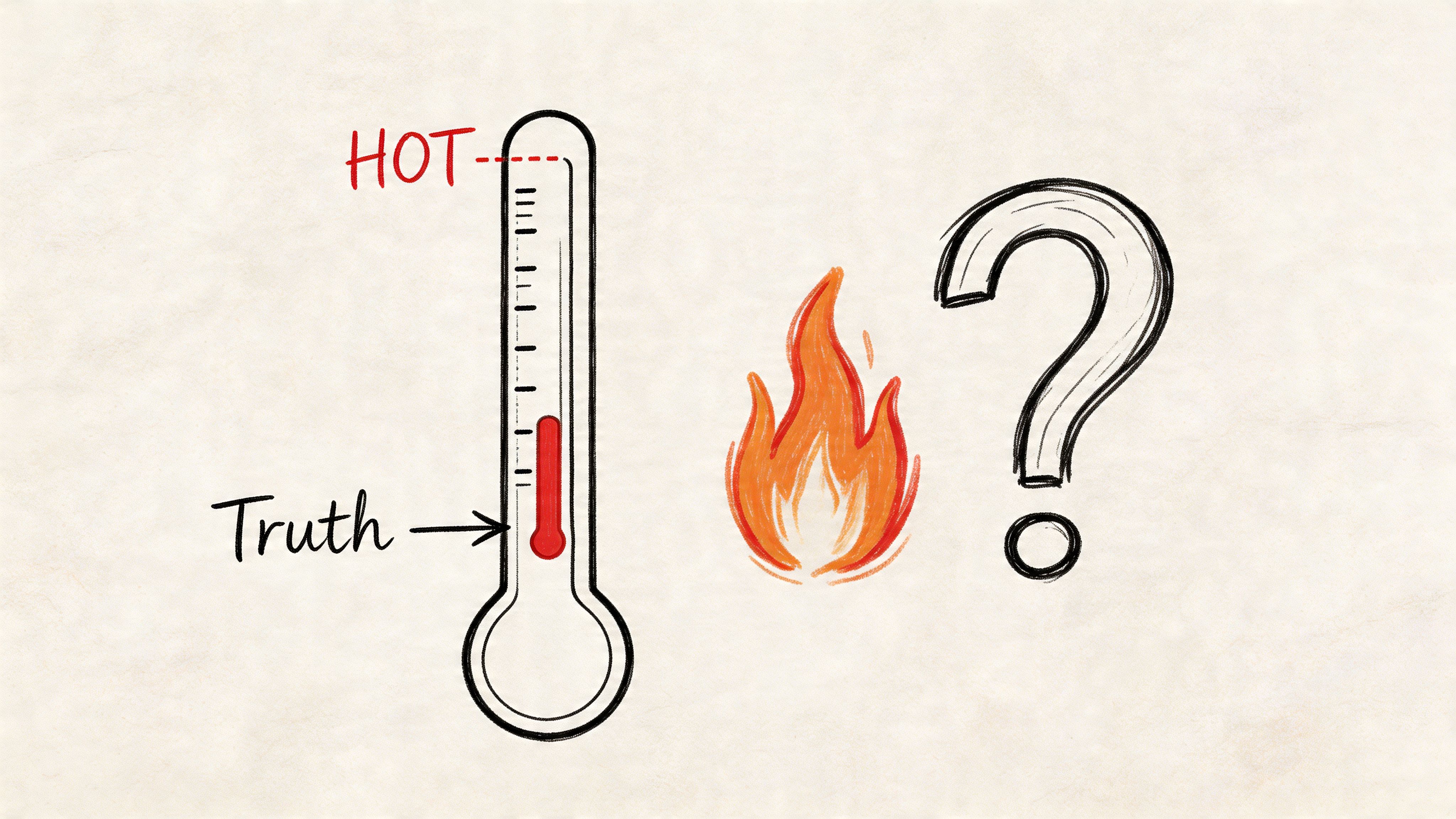 A conceptual illustration showing a thermometer marked with the word Truth and a flame next to a question mark.