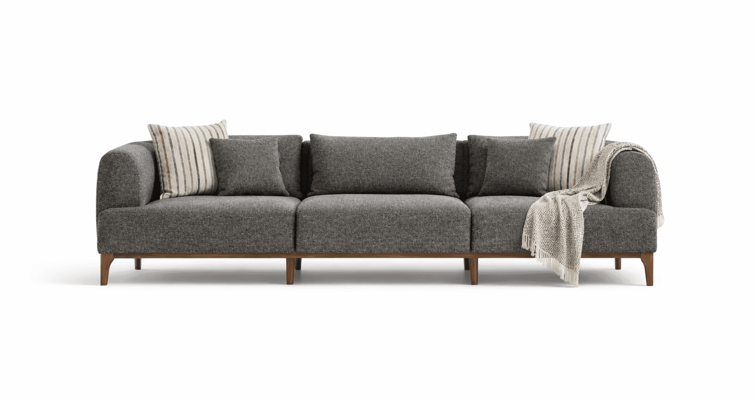 Deep-seated grey fabric seating with loose back cushions and exposed wooden feet