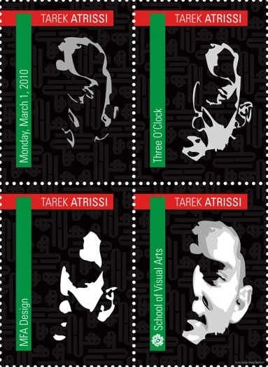A stamp like design of a poster split in four, each piece having a slightly faded black and white face of a man while a red and a green banner are set horizontally and vertically.