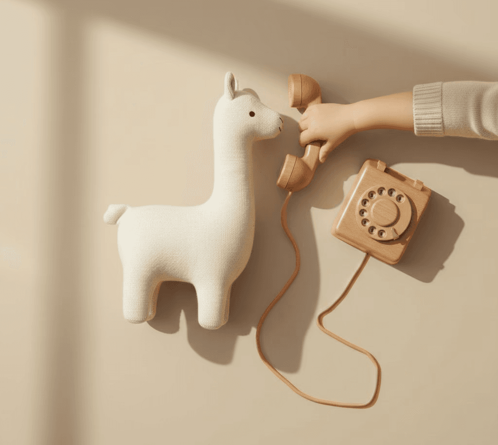 Toddler holding a wooden cable telephone for their lama toy.
