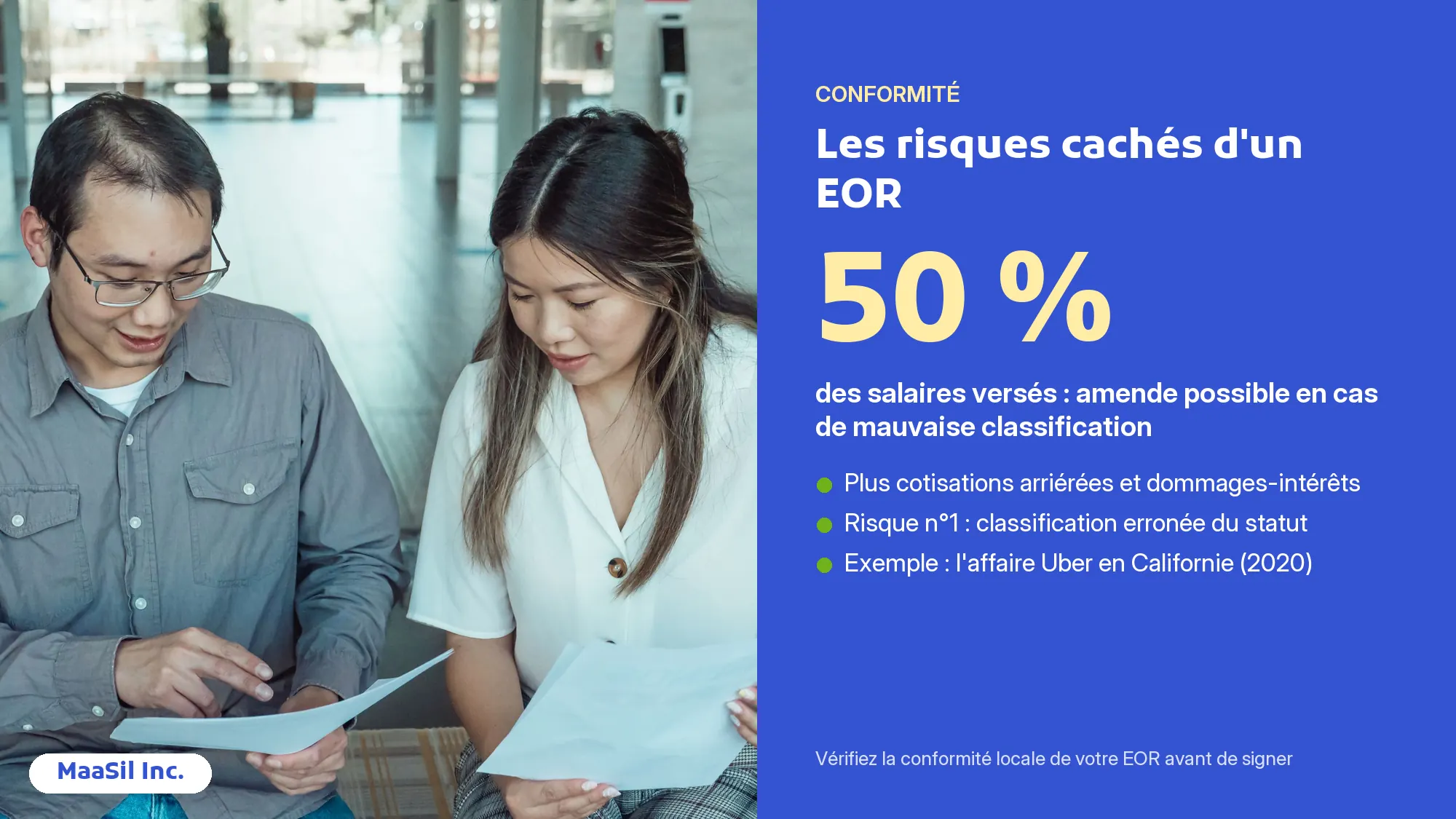 Infographie conformité EOR : amende jusqu'à 50 % des salaires en cas de mauvaise classification du statut