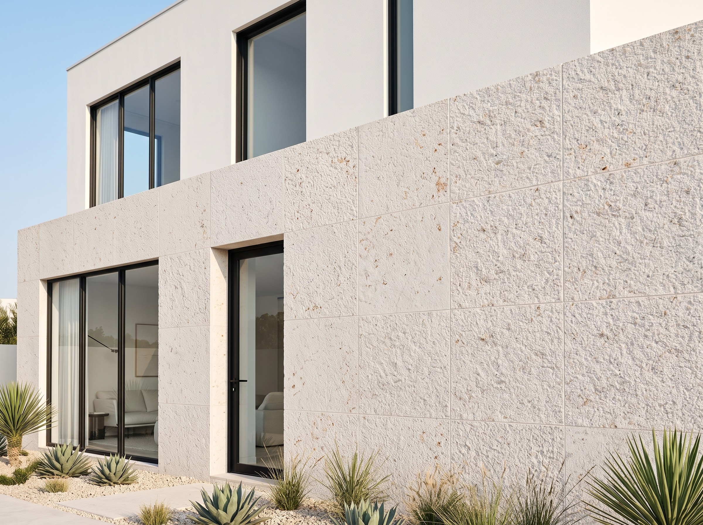 Hammered-finish beige limestone surface from Al Takadom showing a soft neutral texture
