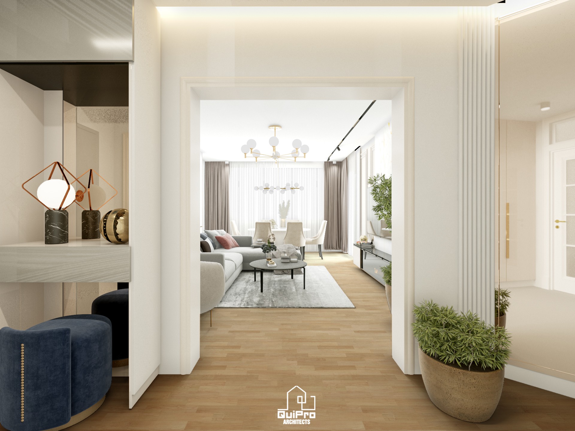 a living room filled with furniture and a mirror