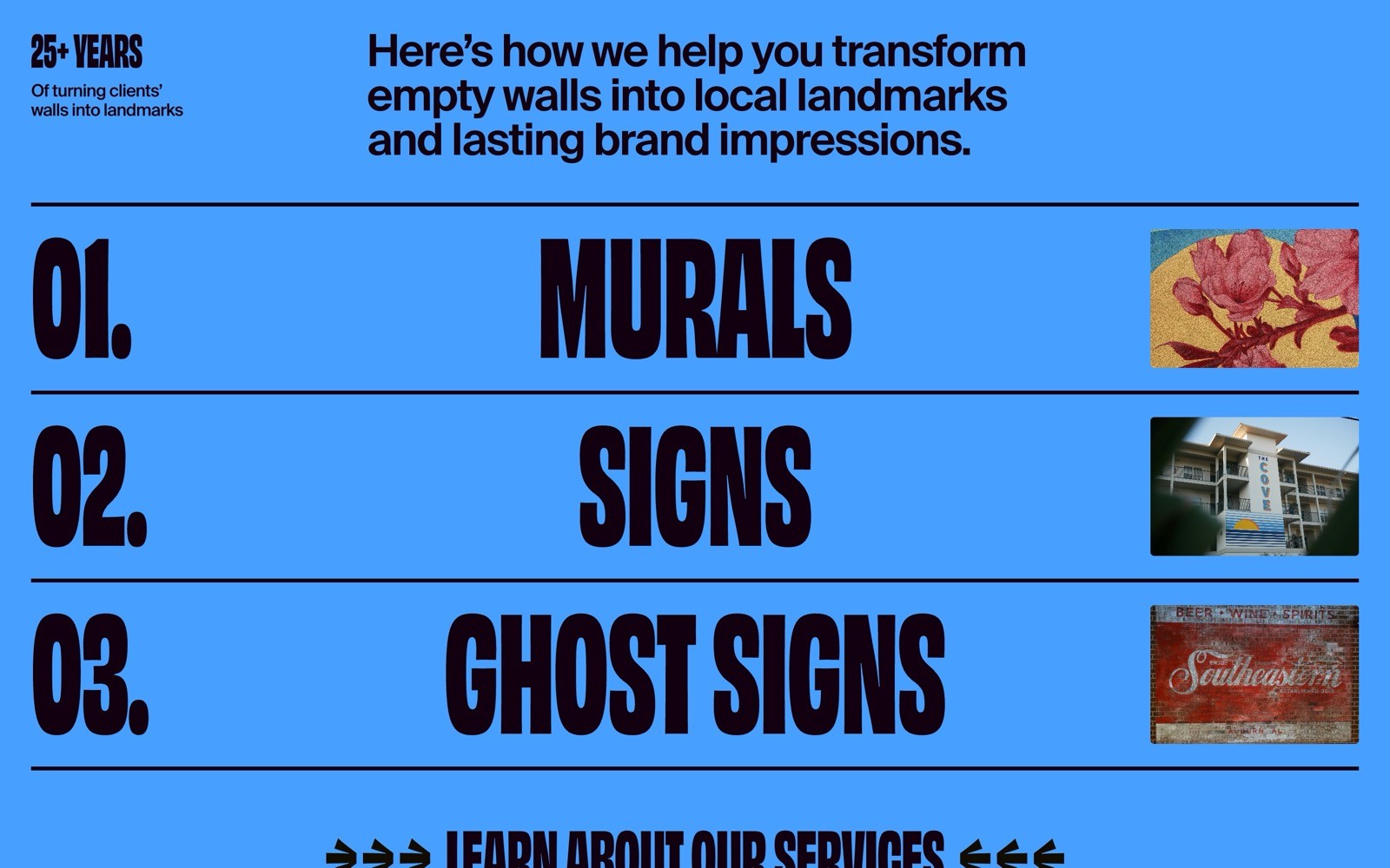 Blue background with large text: "MURALS," "SIGNS," "GHOST SIGNS." Artistic images accompany each service listing. Arrows below.