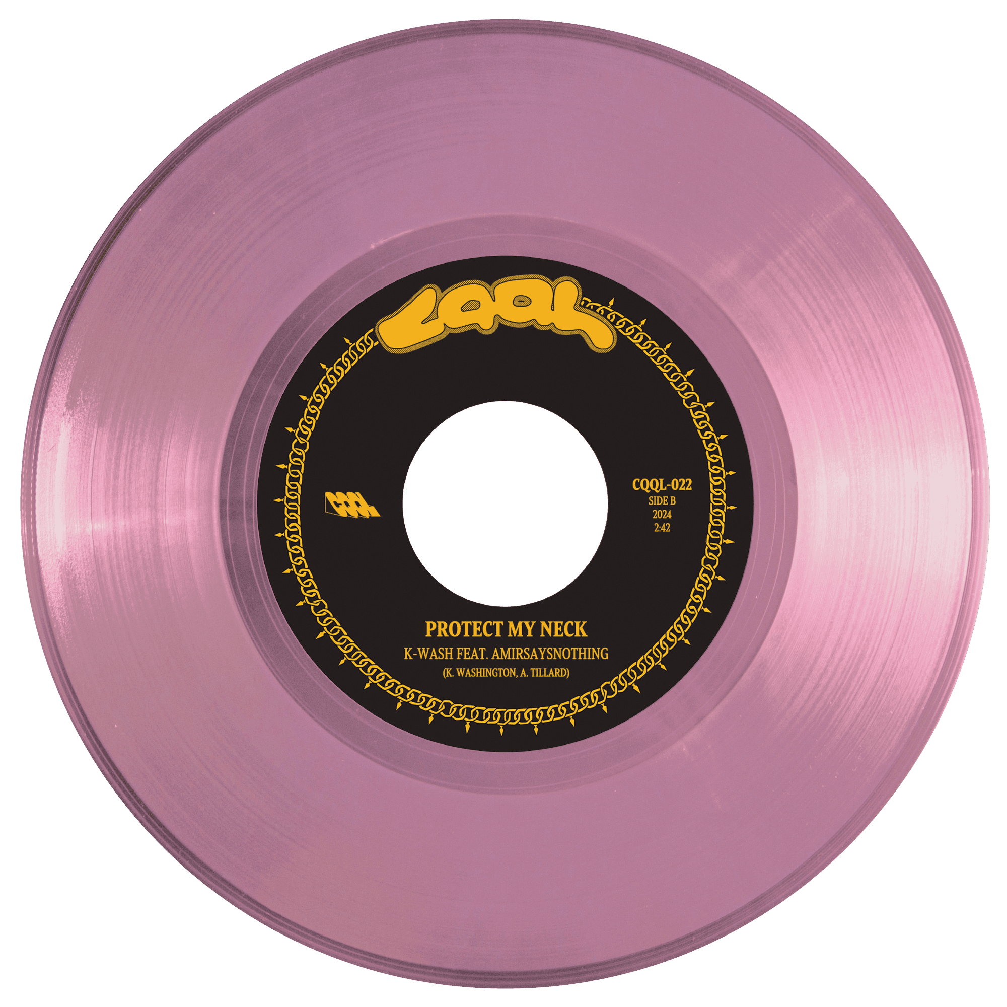 Pink vinyl record with a black label featuring yellow text on a white background