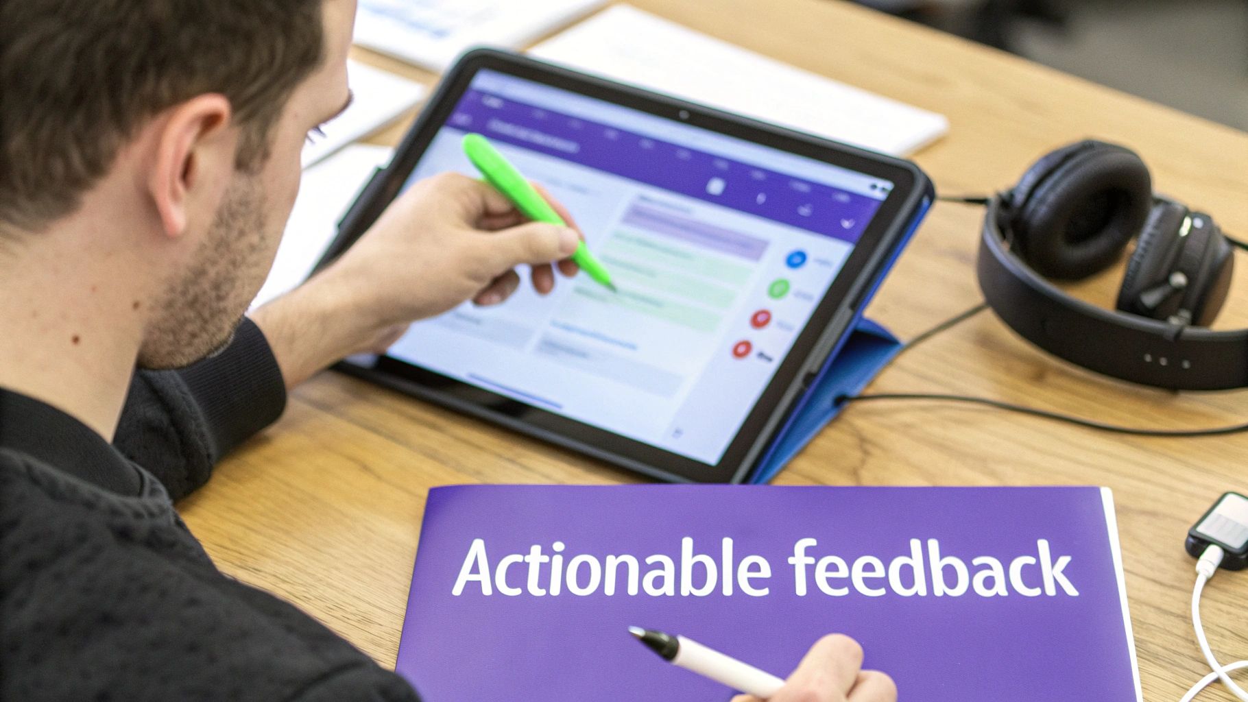A person uses a stylus on a tablet showing feedback options, with a 'Actionable feedback' book on the desk.