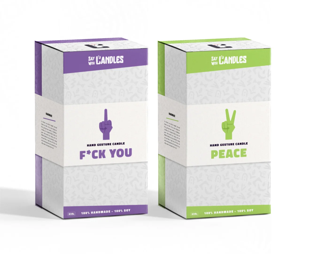 Brand identity and packaging variations for Say With Candles by Subiaco studio Made by Campfire, showcasing 'F*ck You' and 'Peace' hand gesture candle box designs.