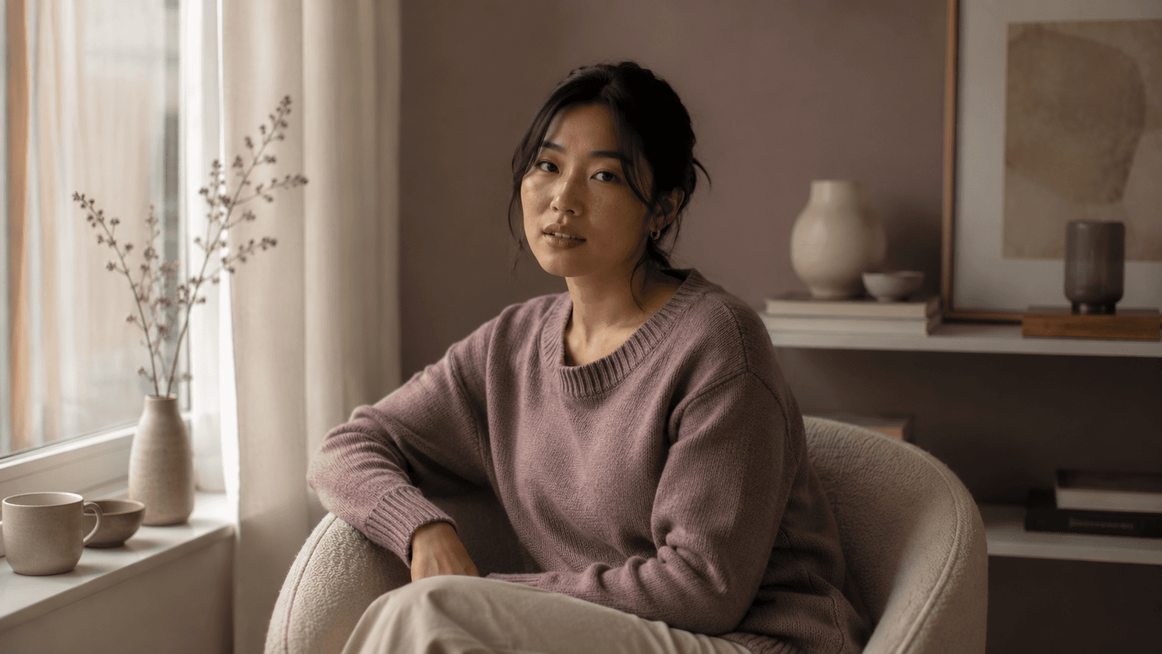 Woman sitting in an armchair near a window in a softly lit modern interior