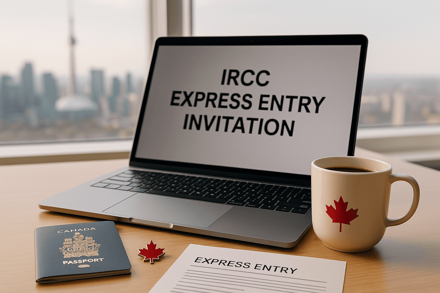 Photo-realistic image of a laptop displaying an IRCC Express Entry invitation beside a Canadian passport and maple leaf pin, symbolizing panel physician services and immigration medical exams in Toronto