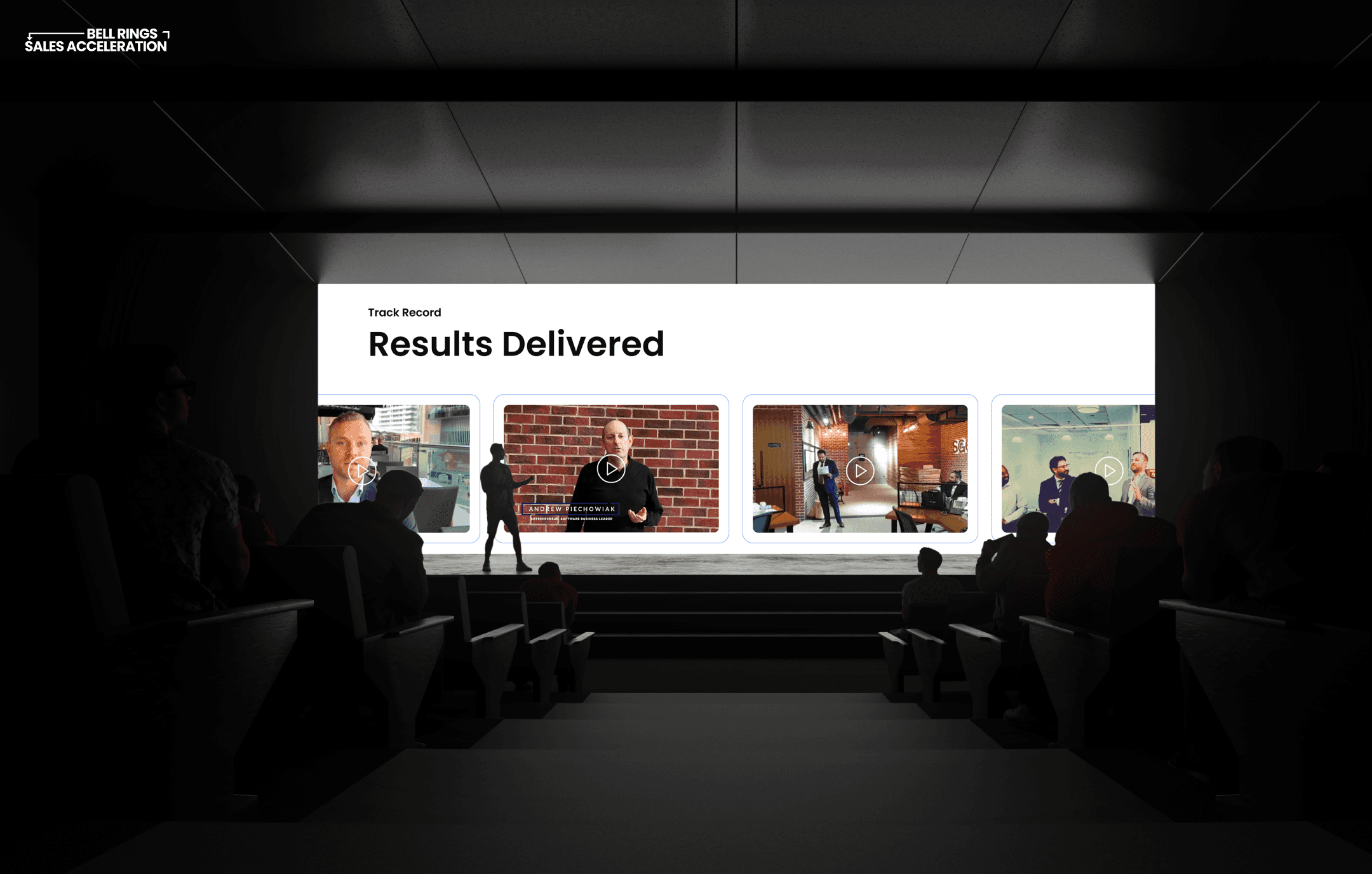 "Homepage of Bell Rings Sales Acceleration, a SaaS growth consultancy, featuring a bold headline 'Fractional GTM Leadership for SaaS Firms' over a background image of skyscrapers. The page includes a call-to-action button for a '2-Min Assessment,' logos of partner companies like Aconex, Qflow, Viewpoint, and RedSky, and a 'Project Spotlight' section discussing SaaS growth challenges and solutions. The navigation menu offers links to Founders & CEOs, SaaS Sales Leaders, and more."