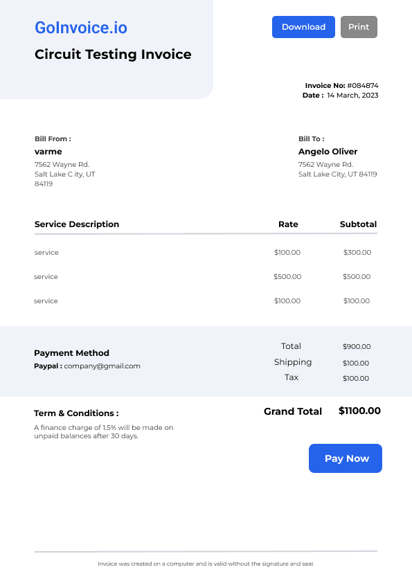 Circuit Testing Invoice